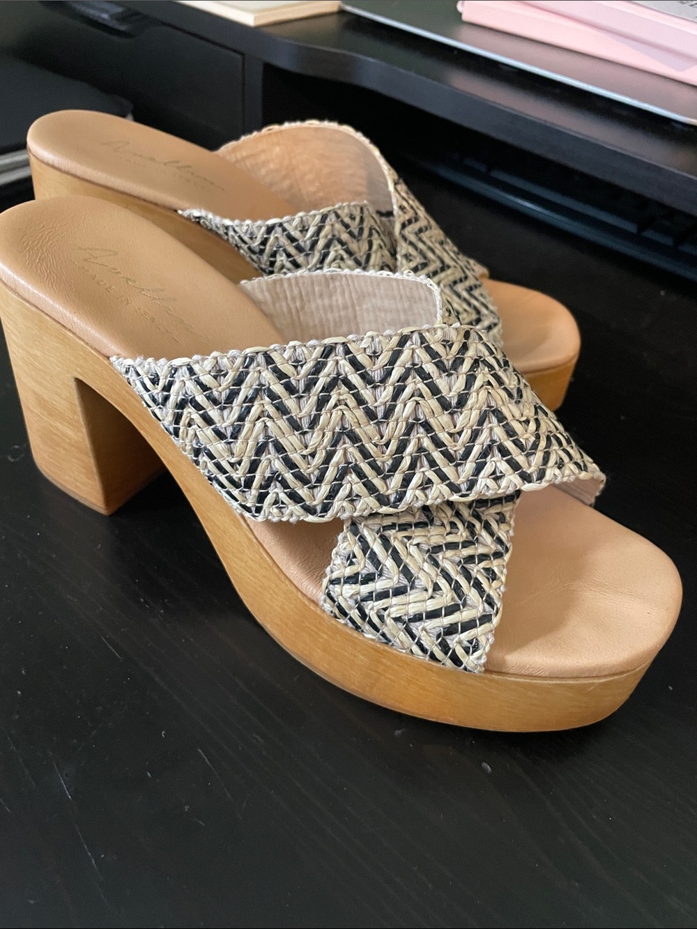 Avellini Made in Italy Woven Slide platform Sandals in Natural/Black